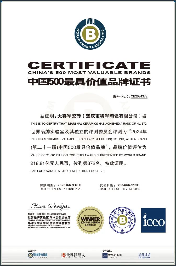 價(jià)值218.81億！大將軍瓷磚連續9年蟬聯(lián)“中國500價(jià)值品牌”榜(圖2)